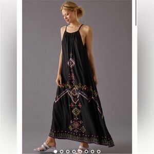 Anthropologie Embroidered Maxi Dress Tie Tank Black XS NWT bohemian Sundress
